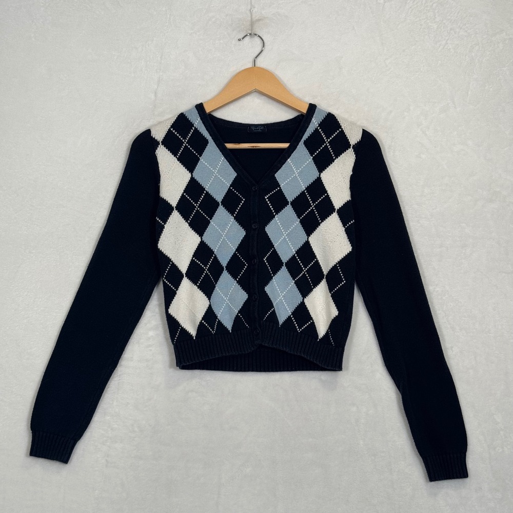 John Galt Navy Blue Argyle Cardigan Sweater One Size